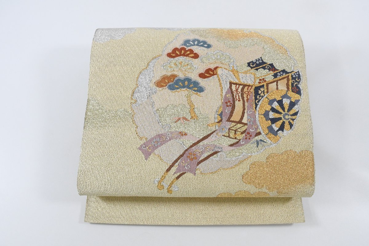 袋名古屋帯 綴れ織 金糸 銀糸 御所車 花 お太鼓柄 松葉仕立て 帯丈354cm ★着物屋 ne-15672 桜庭呉服店_画像1