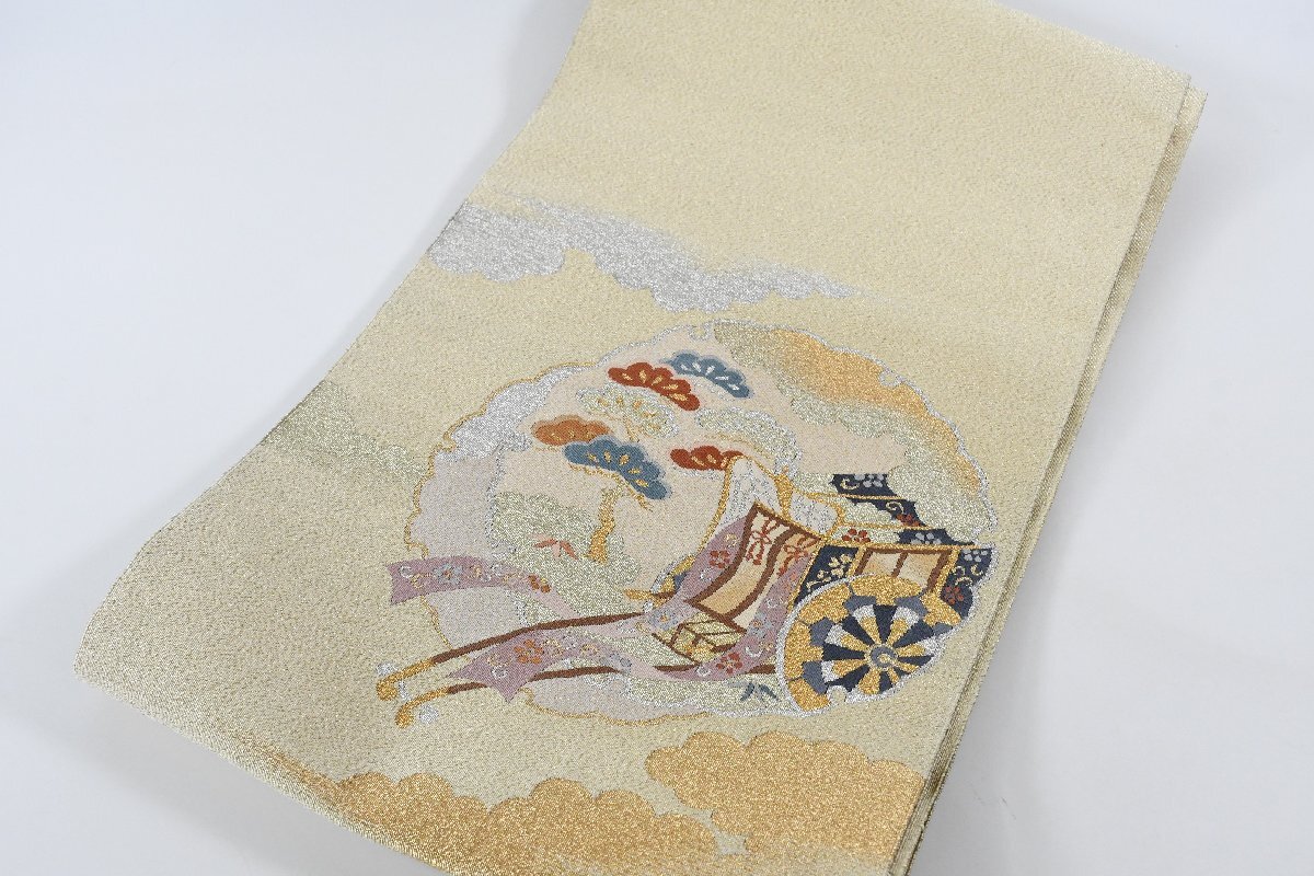 袋名古屋帯 綴れ織 金糸 銀糸 御所車 花 お太鼓柄 松葉仕立て 帯丈354cm ★着物屋 ne-15672 桜庭呉服店_画像2