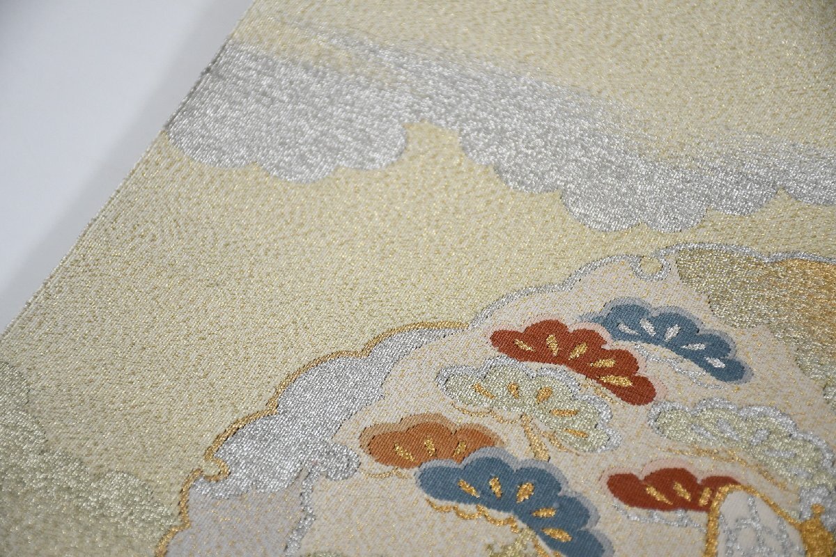 袋名古屋帯 綴れ織 金糸 銀糸 御所車 花 お太鼓柄 松葉仕立て 帯丈354cm ★着物屋 ne-15672 桜庭呉服店_画像3