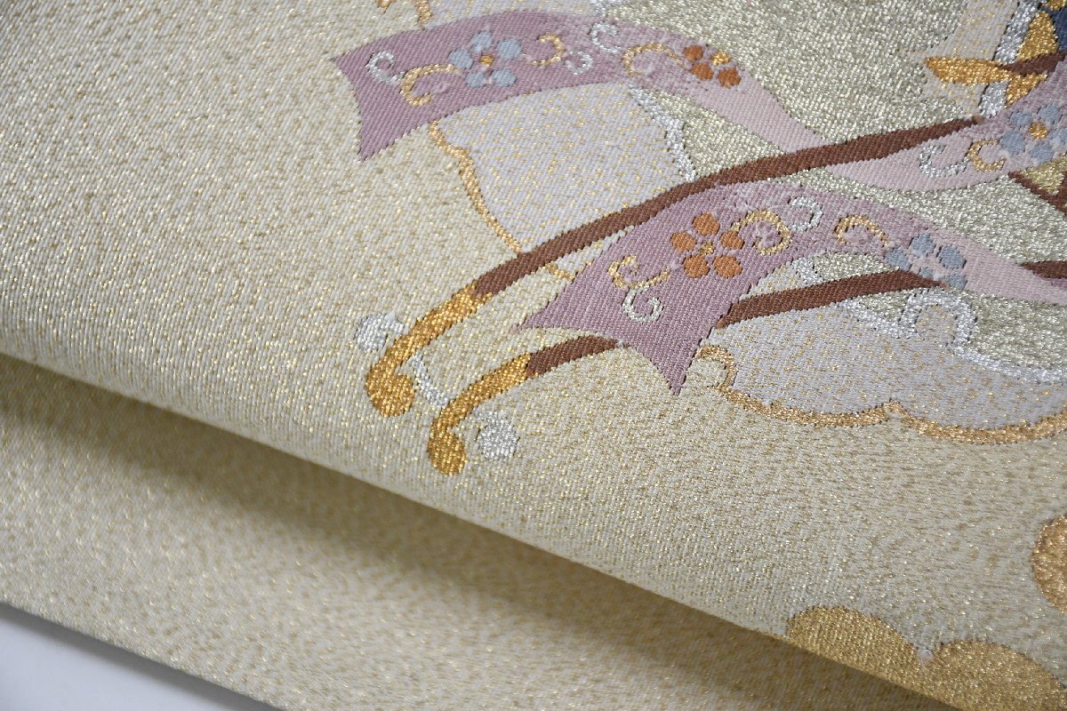 袋名古屋帯 綴れ織 金糸 銀糸 御所車 花 お太鼓柄 松葉仕立て 帯丈354cm ★着物屋 ne-15672 桜庭呉服店_画像7