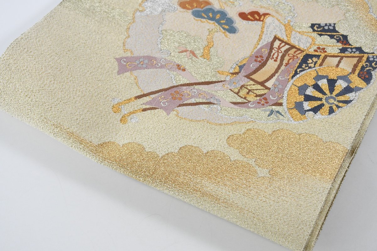 袋名古屋帯 綴れ織 金糸 銀糸 御所車 花 お太鼓柄 松葉仕立て 帯丈354cm ★着物屋 ne-15672 桜庭呉服店_画像5