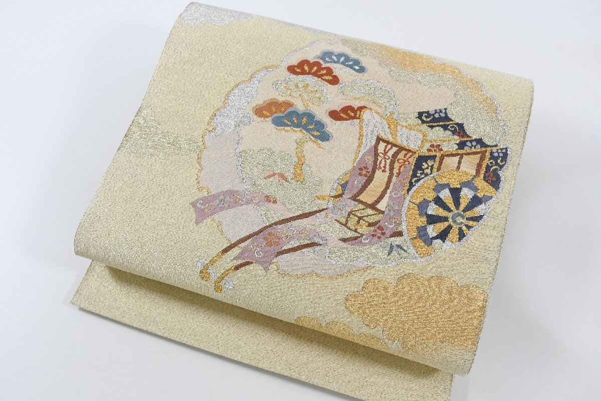 袋名古屋帯 綴れ織 金糸 銀糸 御所車 花 お太鼓柄 松葉仕立て 帯丈354cm ★着物屋 ne-15672 桜庭呉服店_画像6