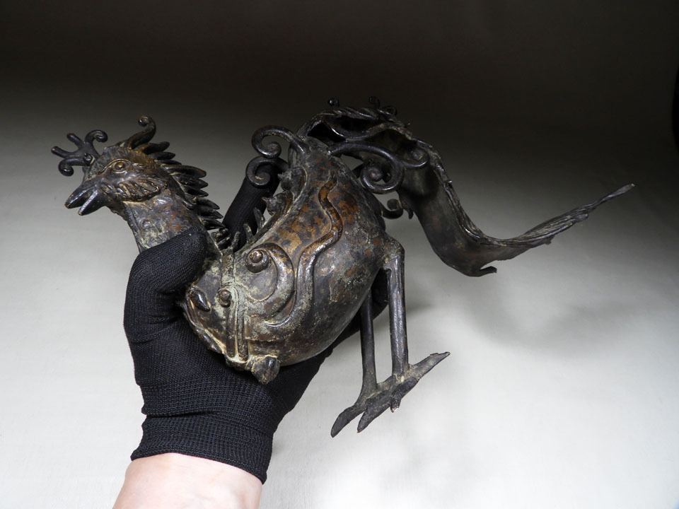 ●希少 時代物 古銅 大きい 鳳凰像 鳥獣 斑紫銅色 宣徳銅 唐金 高さ23cm ○希少 時代物 古銅造 大きく重い 鳳凰像 鳳凰置物 鳥獣 斑紫銅色 宣