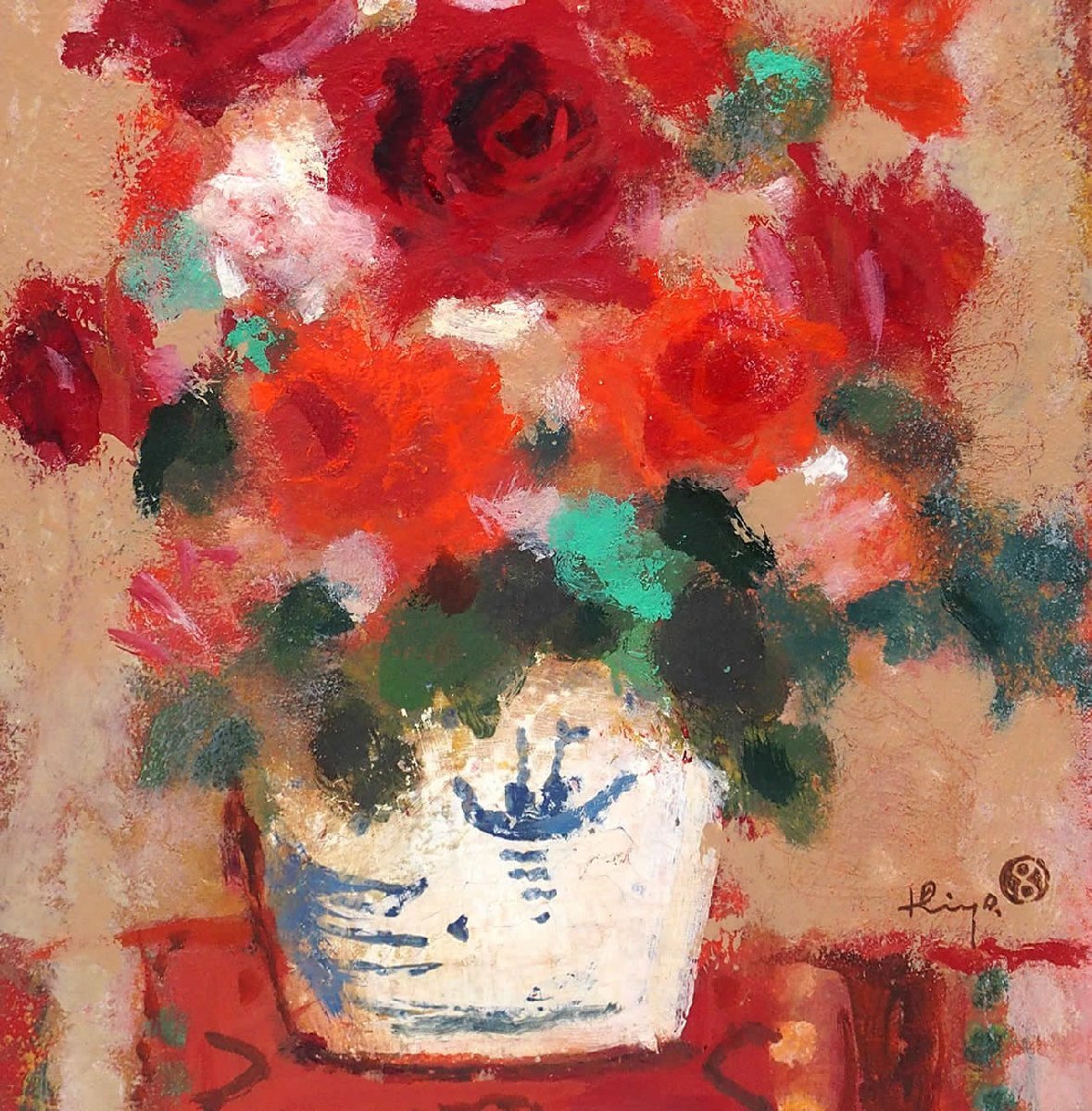 【真作】清原啓一「赤絵壺の薔薇」油彩4号　一枚の繪取扱作品　芸術院会員　巨匠名品 大割引 真作】清原啓一「赤絵壺の薔薇」油彩4号 一枚の繪取扱