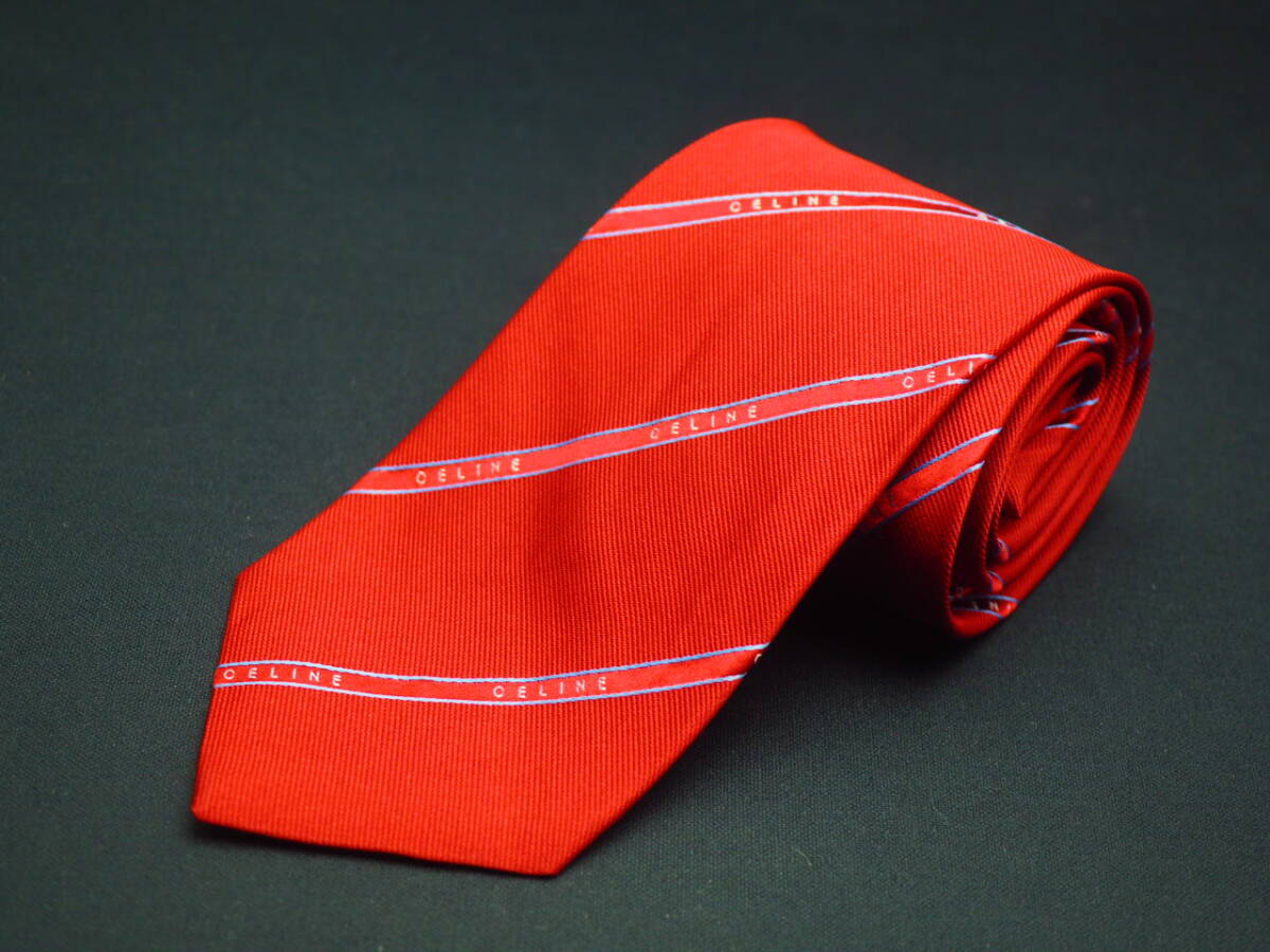 美品【CELINE セリーヌ】 E2996 ロゴ 赤系 SILK ブランド ネクタイ 古着 良品_画像2