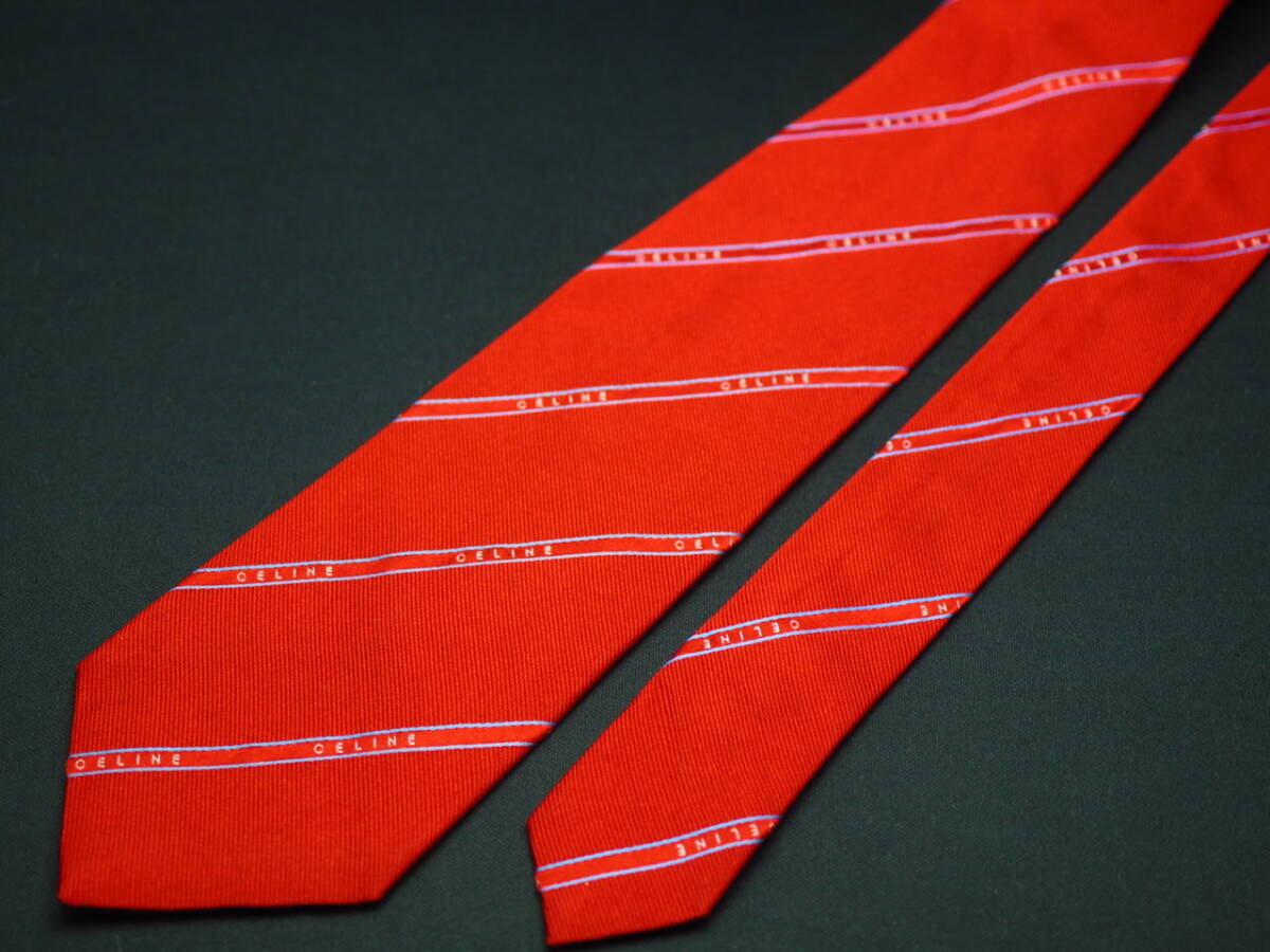 美品【CELINE セリーヌ】 E2996 ロゴ 赤系 SILK ブランド ネクタイ 古着 良品_画像3