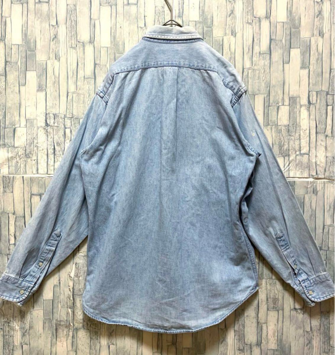 POLO RALPH LAUREN ポロ ラルフローレン 長袖 デニムシャツ BDシャツ ボタンダウン ポニー 刺繍ロゴ L ブルー 90s アーカイブ ノームコア_画像3