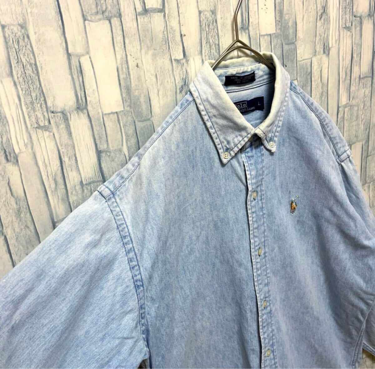 POLO RALPH LAUREN ポロ ラルフローレン 長袖 デニムシャツ BDシャツ ボタンダウン ポニー 刺繍ロゴ L ブルー 90s アーカイブ ノームコア_画像4