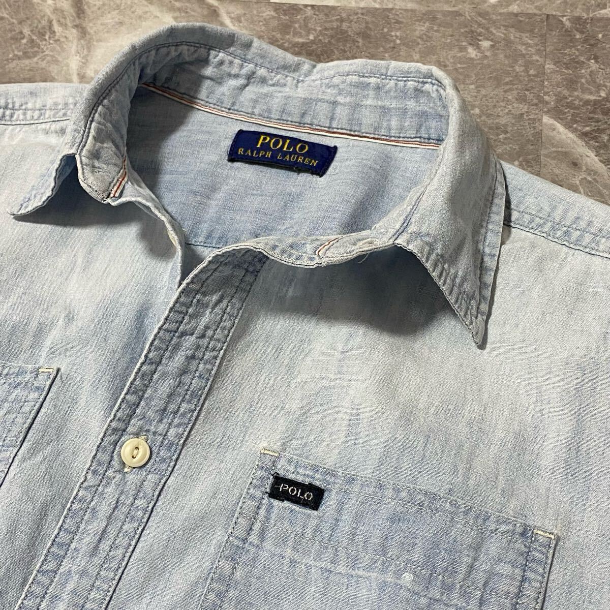 ポロラルフローレン 半袖 デニムポロシャツ ヴィンテージ加工 ペイント 極美品 希少 ペイント加工【POLO RALPH LAUREN】デニムシャツ ライト