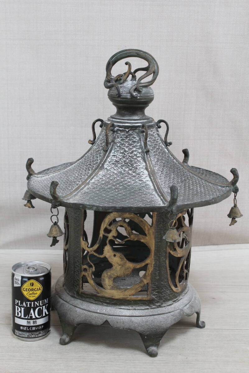燈籠,古銅製,古董,時代物 to- 時代 古銅 透かし 吊灯籠 吊り灯籠 銅灯篭 燈籠 燈篭 仏教