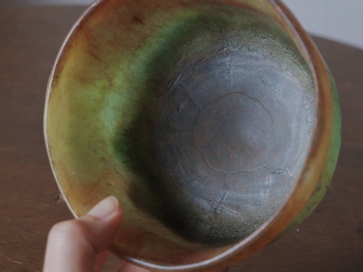 内田邦太郎 硝子 新芽色 抹茶碗 ガラス 共箱 茶道具 美品 Q1801 青枠】内田邦太郎 硝子 新芽色 抹茶碗 ガラス 共箱 茶道具 美品