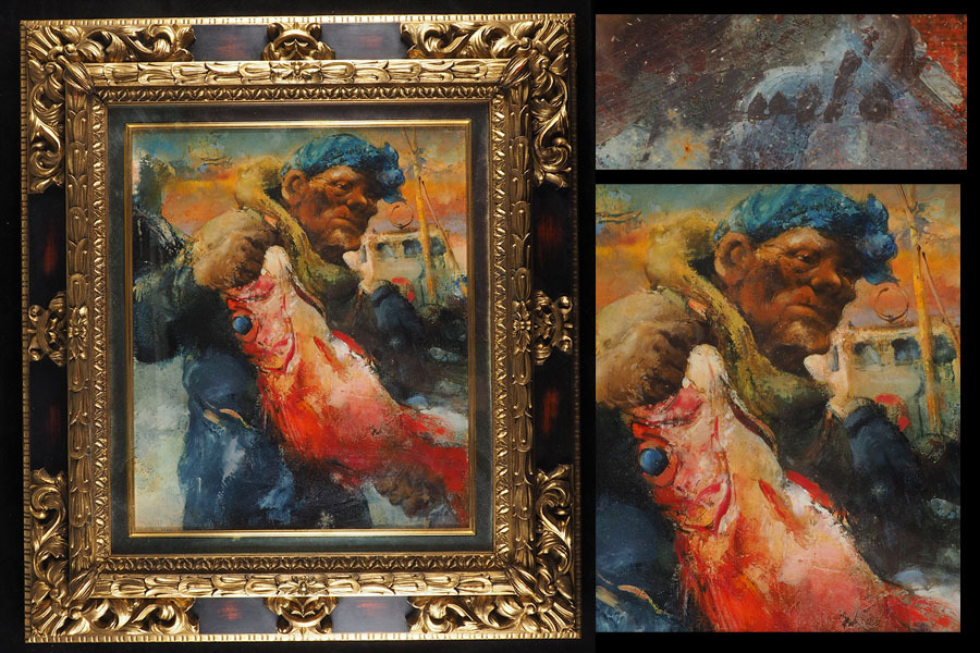 工藤和男　赤い魚と漁婦　油彩 工藤和男 『赤い魚と漁師』(2人) 油絵・油彩画 F0(0号) 絵画