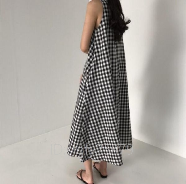 F25☆新品 ギンガムチェック 黒白ワンピース 袖なし コットンリネン ロングワンピースマキシ丈 ゆったりAラインワンピース Mサイズ_画像6