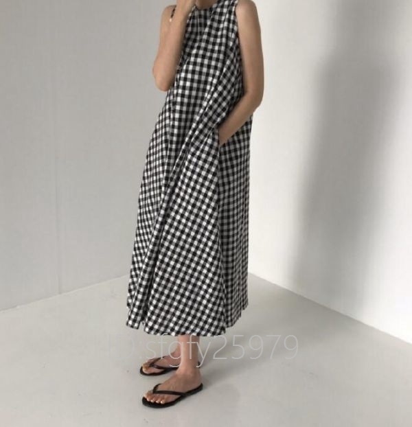 F25☆新品 ギンガムチェック 黒白ワンピース 袖なし コットンリネン ロングワンピースマキシ丈 ゆったりAラインワンピース Mサイズ_画像4