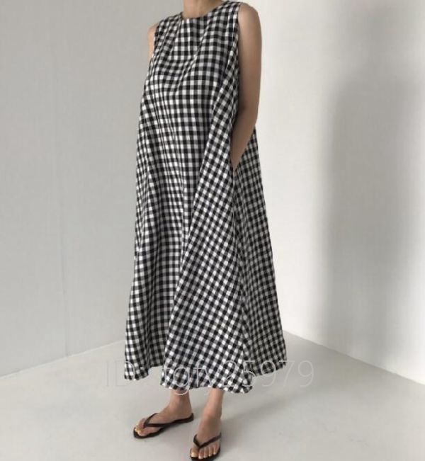 F25☆新品 ギンガムチェック 黒白ワンピース 袖なし コットンリネン ロングワンピースマキシ丈 ゆったりAラインワンピース Mサイズ_画像3