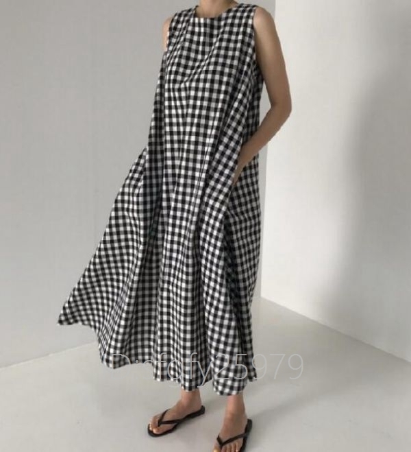 F25☆新品 ギンガムチェック 黒白ワンピース 袖なし コットンリネン ロングワンピースマキシ丈 ゆったりAラインワンピース Mサイズ_画像1