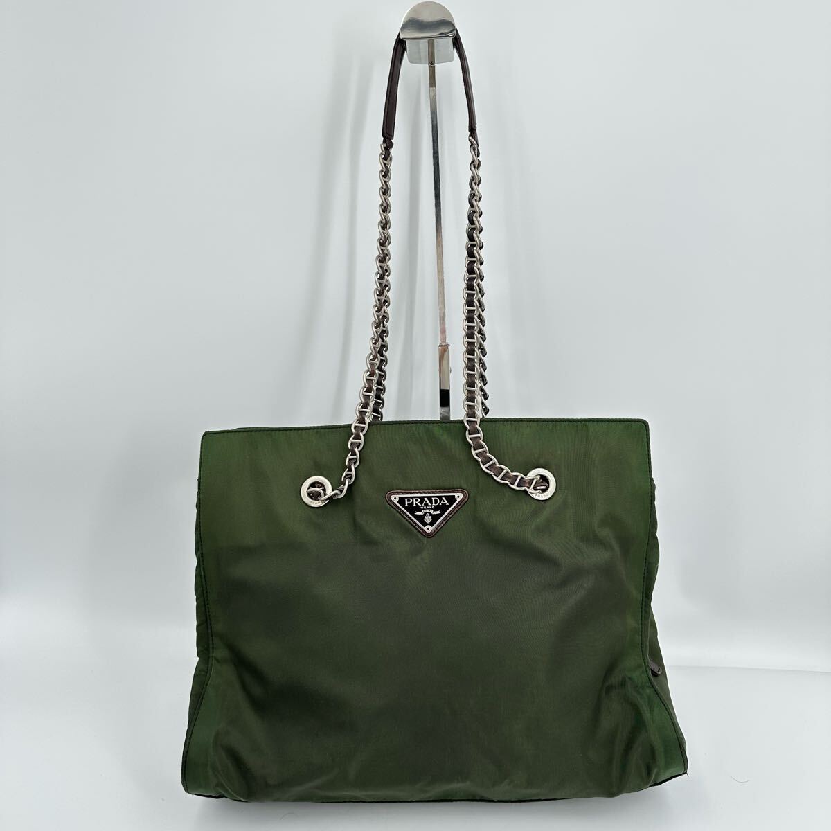 PRADA プラダ トートバッグ 緑系 - 4500525J0063 プラダ ナイロン レザー チェーンショルダー トートバッグ