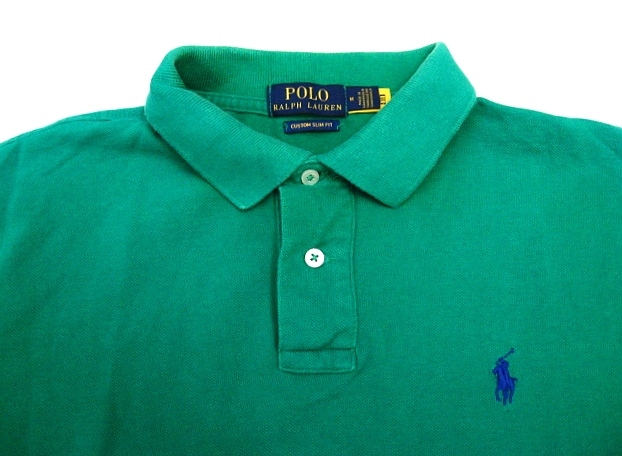 Polo Ralph Lauren ポロ ラルフローレン M(≒L相当) 半袖 ポロシャツ 緑 グリーン 青紫刺繍 CUSTOM SLIM FIT_画像6
