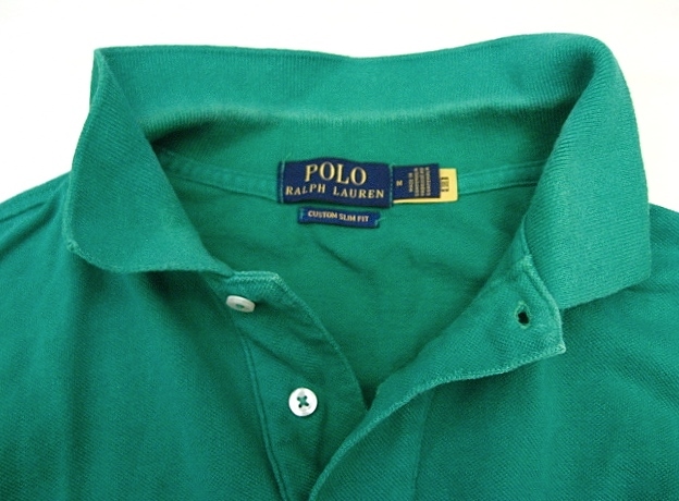 Polo Ralph Lauren ポロ ラルフローレン M(≒L相当) 半袖 ポロシャツ 緑 グリーン 青紫刺繍 CUSTOM SLIM FIT_画像2