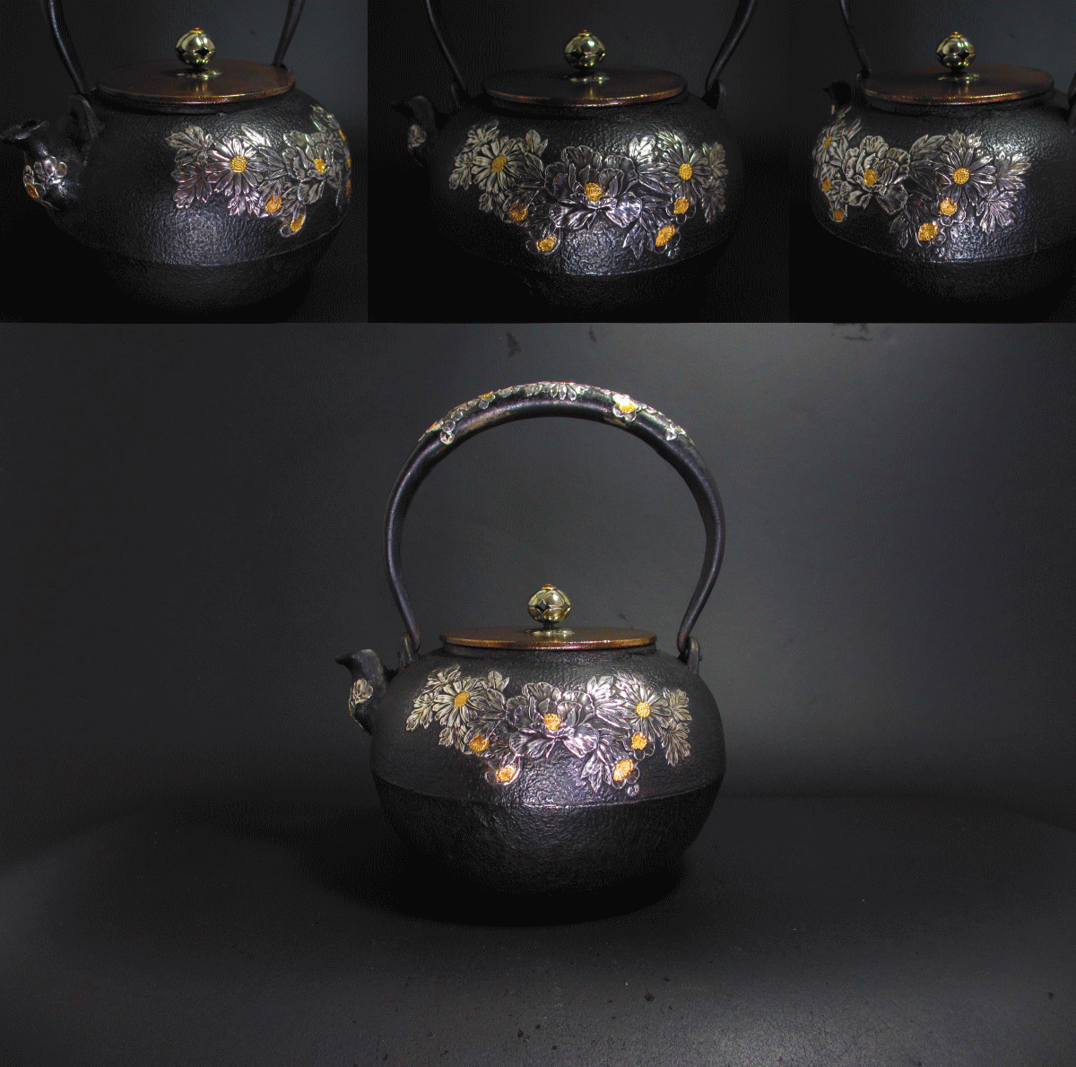 龍文堂梅花銀象嵌入り鉄瓶 龍文堂造 名人作 百花繚乱富貴花細密銀細工金工象嵌鉄瓶 堤手