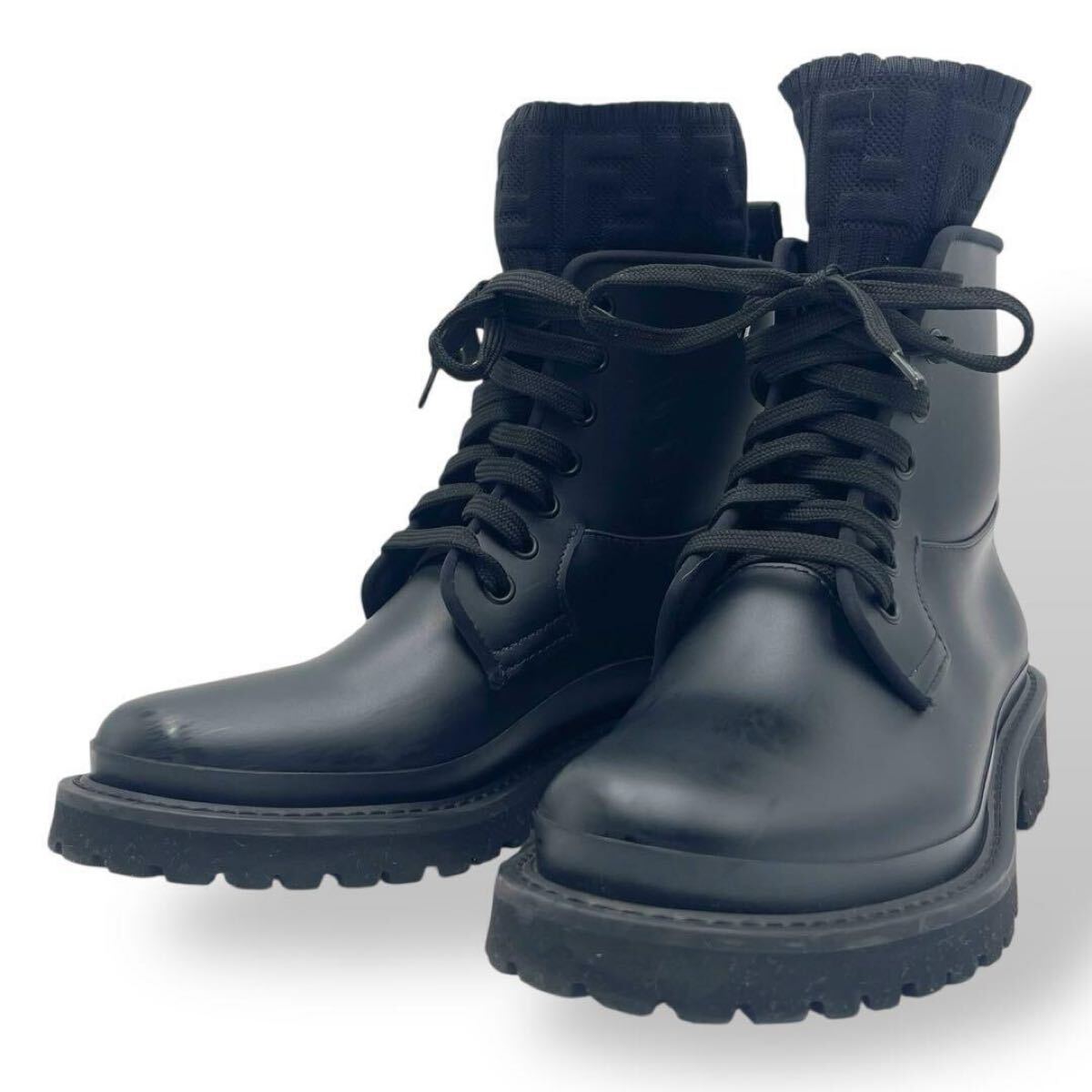 美品　FENDI　フェンディ　ハイカットブーツ　ロゴ　ニット　ラバーソール 美品 FENDI フェンディ ハイカットブーツ ロゴ ニット