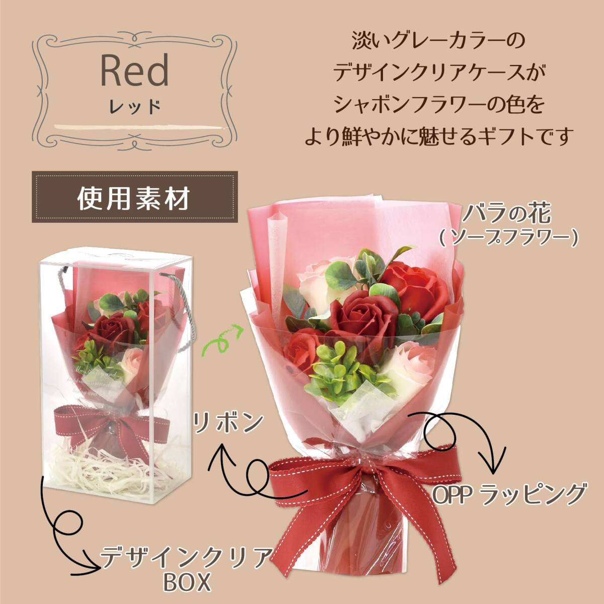 ポピー名古屋 ソープフラワー シャボンフラワー 造花 ギフト プレゼント 5輪ブーケ バラ 花束 約25cm クリアボックス付き SH-048_画像2