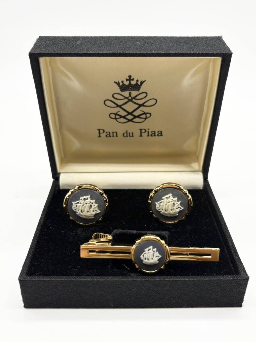 【Pan du Piaa】 カフス＆ネクタイピン セット ゴールドカラー 船 ケース付_画像1