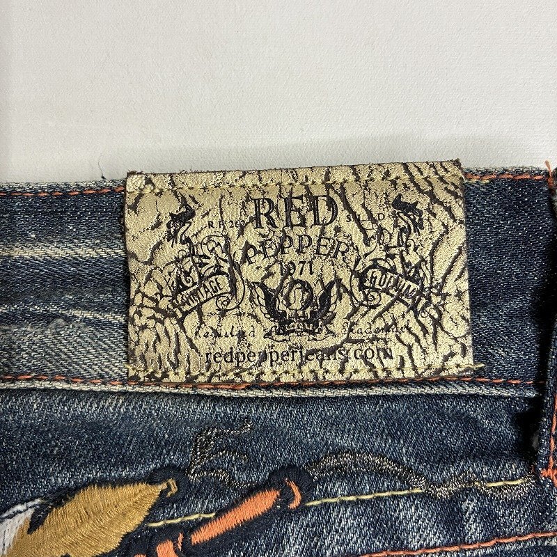 RED PEPPER y2k平成キャル デニム25 スタッズ 刺繍 1971ロゴ RED PEPPERレッドペッパー イギリス刺繍 デニム 鬼ヒゲ加工 28