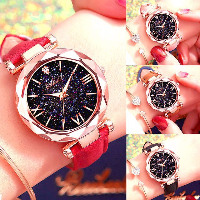 新品1円～★送料無料★虹色の銀河 満天の星空ダイヤモンドレッド天球K18GFゴールドウォッチ腕時計 誕生日プレゼント旅行秋祭ギフト國內(nèi)発送