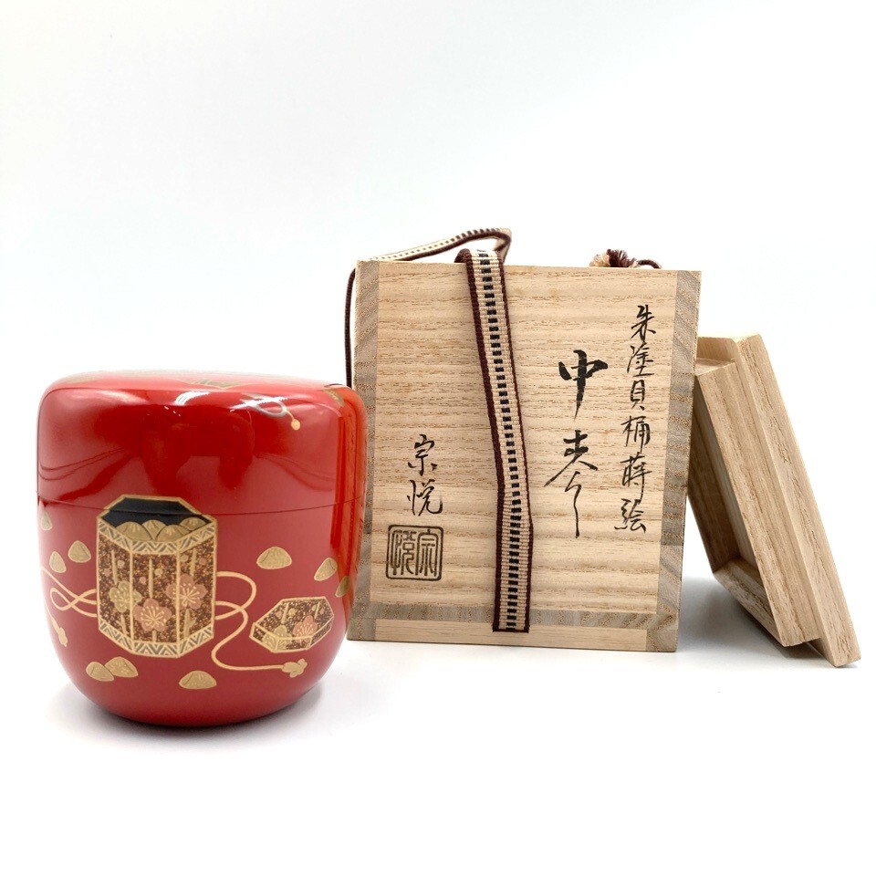 茶道具 山中塗 中村宗悦作 鶴蒔絵 大棗 共箱 V R6343 1円〜 中村宗悦 朱塗貝桶蒔絵 中棗 共箱 茶道具 漆器 茶道具