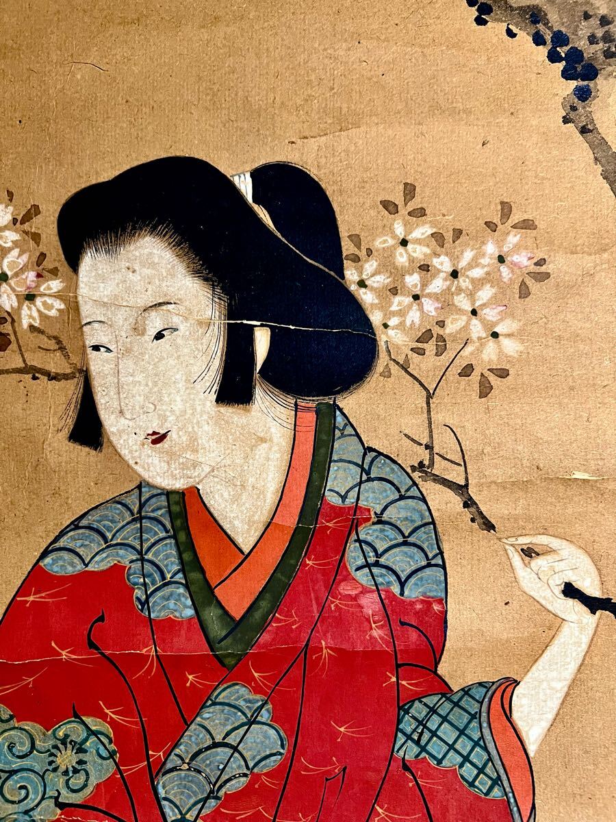 喜多川歌麿先生の「美人画」掛軸お譲りします! 真作】【S8】喜多川歌麿「花見親子之図」紙本 肉筆 合箱 浮世絵