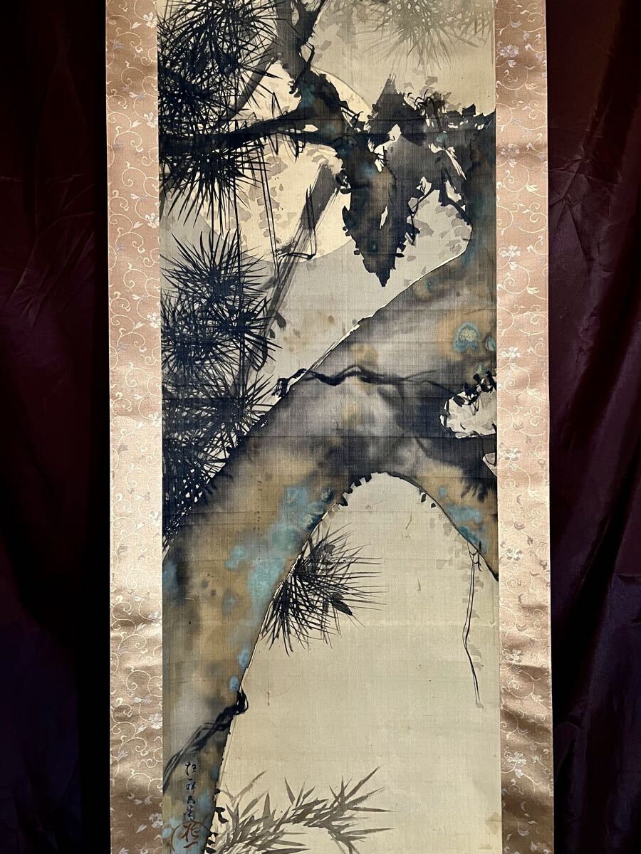掛軸 酒井抱一(軽挙道人)『立雛図』日本画 絹本 肉筆 無地箱 二重箱付 掛け軸 真作】【仙】酒井抱一「月に老松」絹本 肉筆 合箱 二重箱 風景画