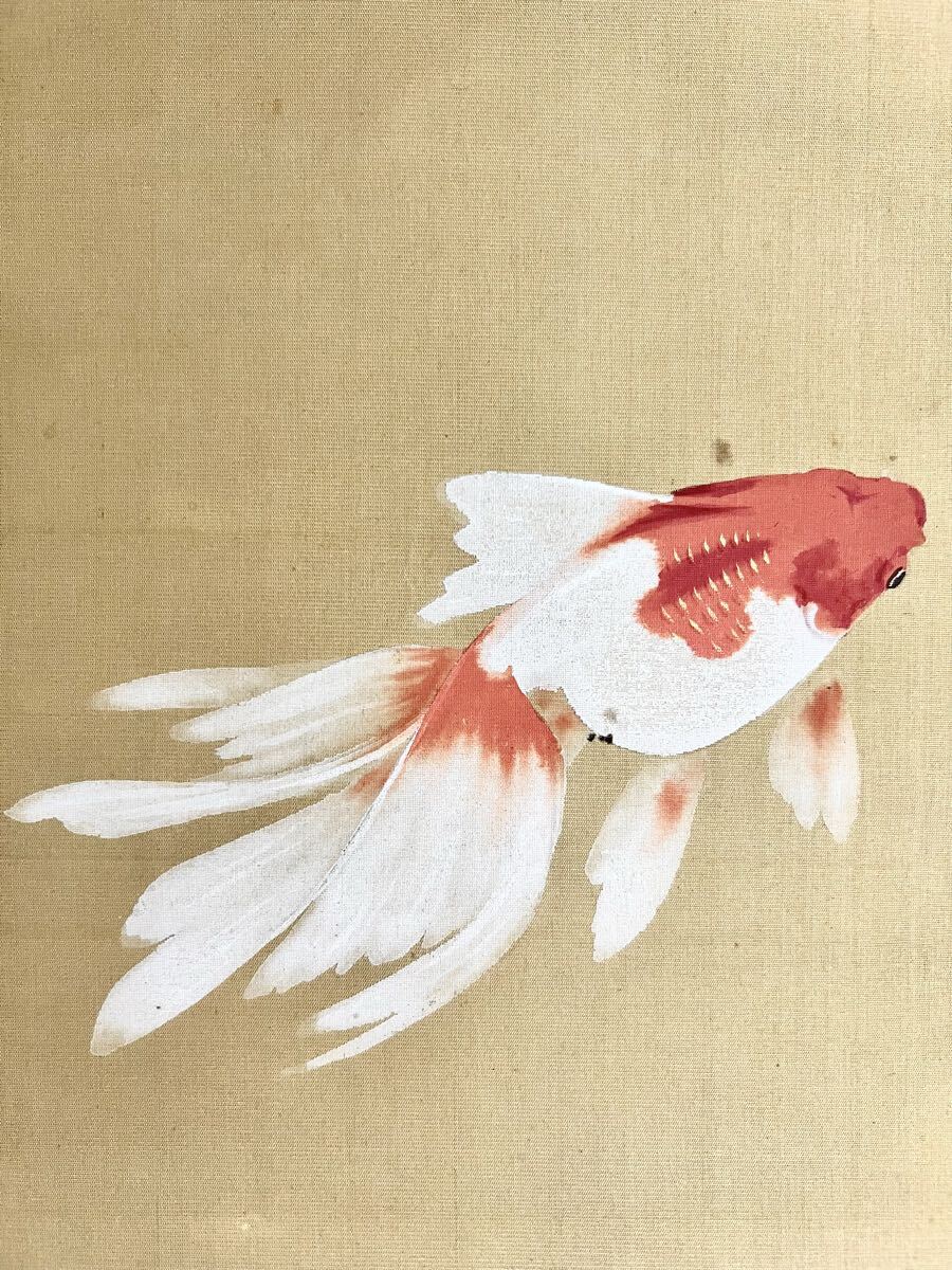 【真作】掛軸 金魚図 優雅に泳ぐ赤金魚 日本画 涼やかな筆致 合箱入 R44 真作】【S8】広田百豊「金魚」絹本 肉筆 共箱 夏景 花鳥図 鳥獣