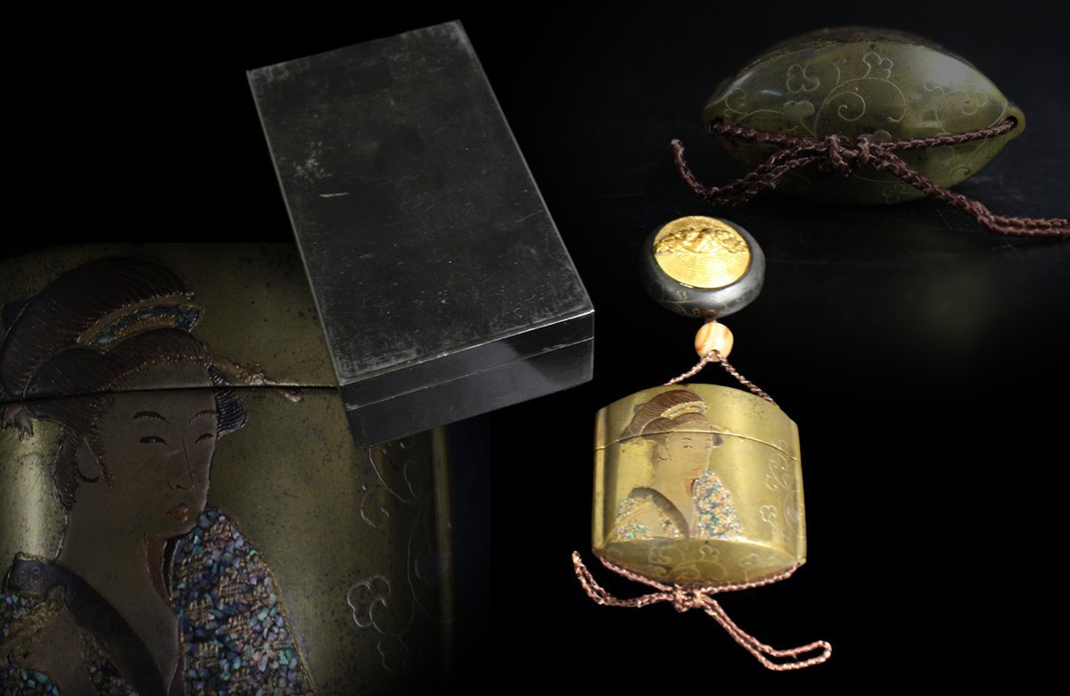 印籠 薬籠 金蒔絵 江】時代 金蒔絵内梨地花魁図印籠 漆器 4×8×7㎝ 重量76g 木箱 古