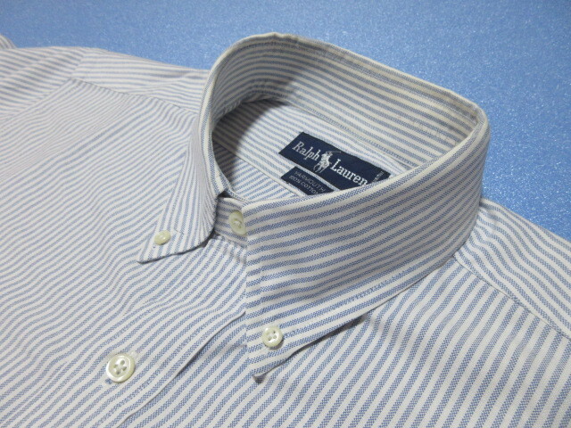 Ralph Lauren/YARMOUTH　ラルフローレン/ヤーマス　長(zhǎng)袖BDシャツ　16 1/2－35　ホワイト&ブルー/ストライプ　綿100%　OXフォード　クリ済！