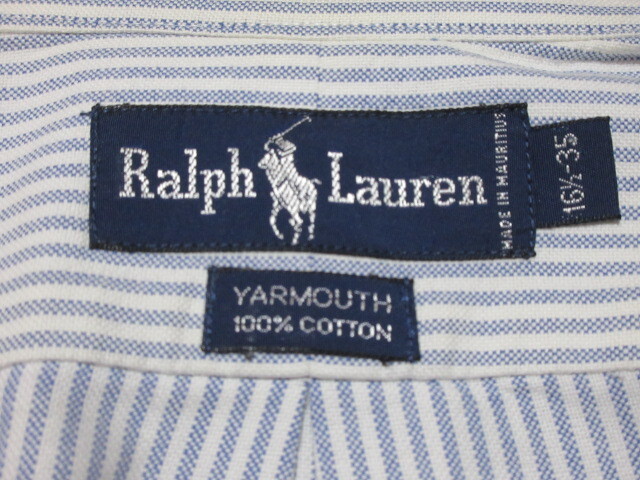 Ralph Lauren/YARMOUTH　ラルフローレン/ヤーマス　長(zhǎng)袖BDシャツ　16 1/2－35　ホワイト&ブルー/ストライプ　綿100%　OXフォード　クリ済！
