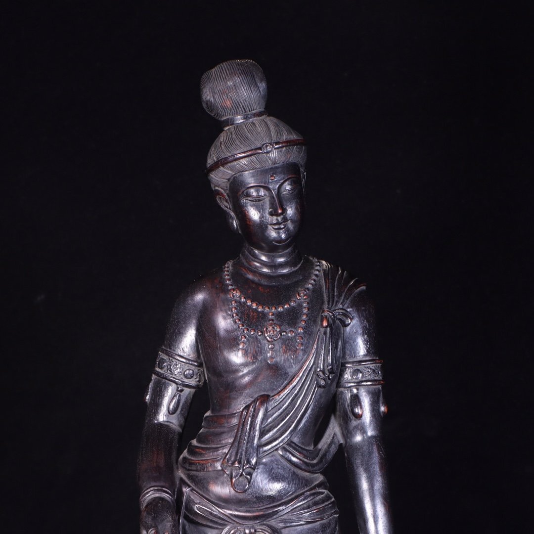 希少品 特大 古美術 中国美術 唐木 紫檀 花梨 立体彫刻 壁飾り □大成美術□仏教古美術 珍木紫檀彫刻 観音立像(検) 清代 唐物