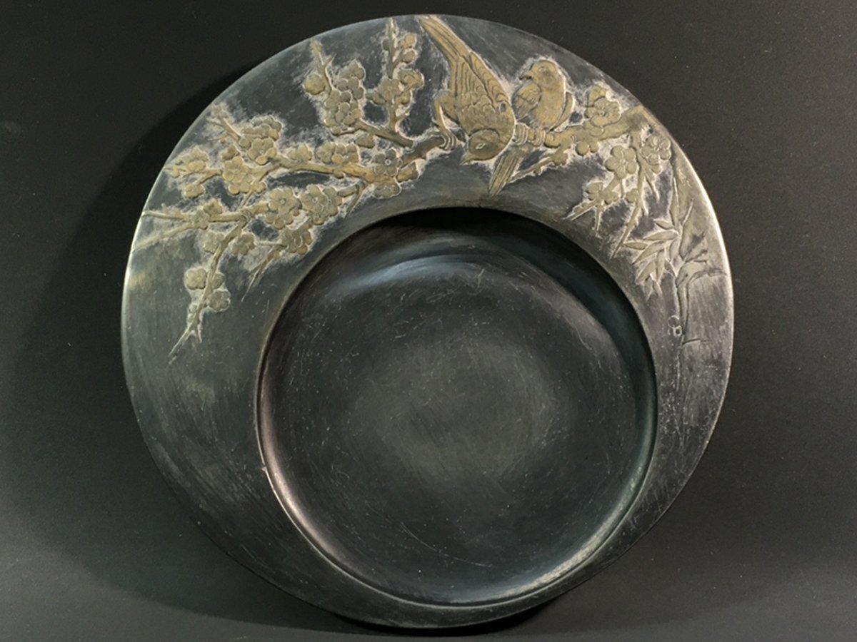 中国 古硯 刻 花鳥紋 文房具 □大成美術□金歙 花鳥紋硯 何漢銘(検)清代 書家用硯 中国古硯