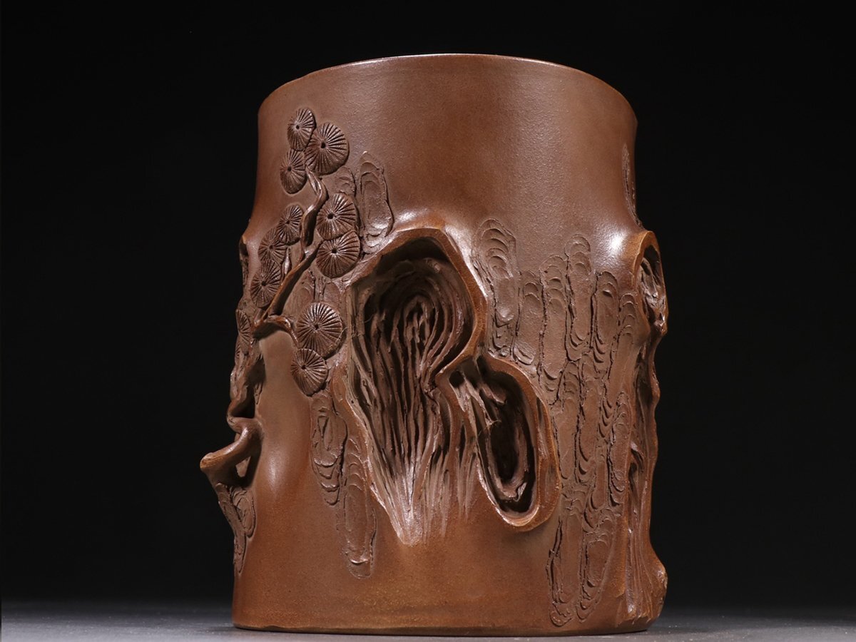 【海】中国美術 清代期 辰砂釉 筆筒 骨董品 時代品 美術品 □大成美術□紫砂彫刻 松紋倣生型筆筒 陳鳴遠製款(検)清時代