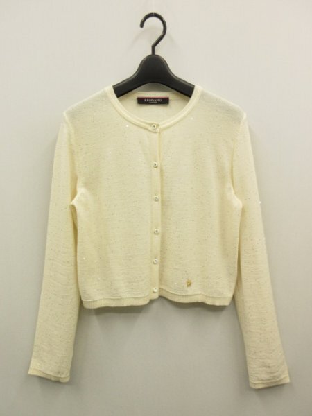 レオナールLEONARD★ラインストーンロゴ×スパン付　ウールカーディガン◆サイズ40