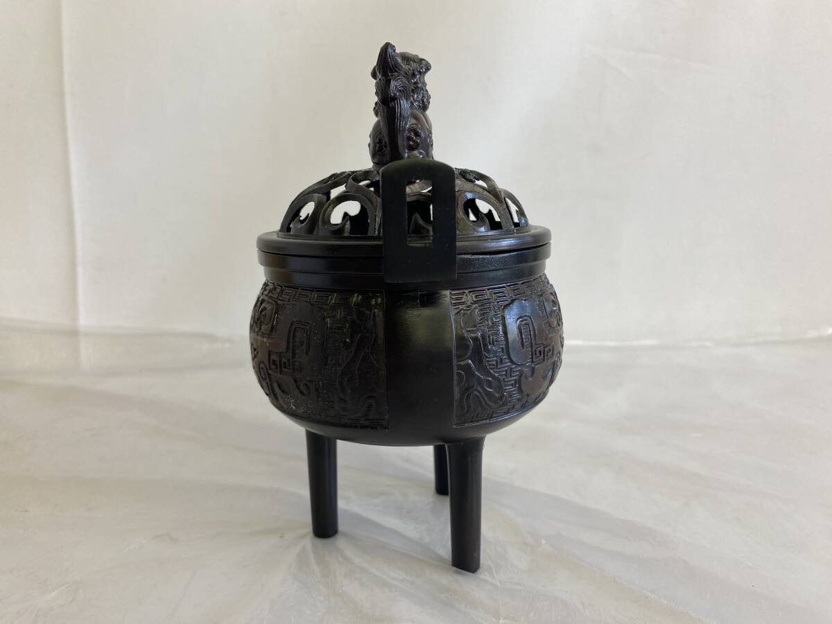 獅子摘 耳付足高 三足 香炉 角福 香道具 古美術 骨董品 未使用保管品】 特撰 端正造 三足香炉 銅製 獅子摘獣双耳 高岡