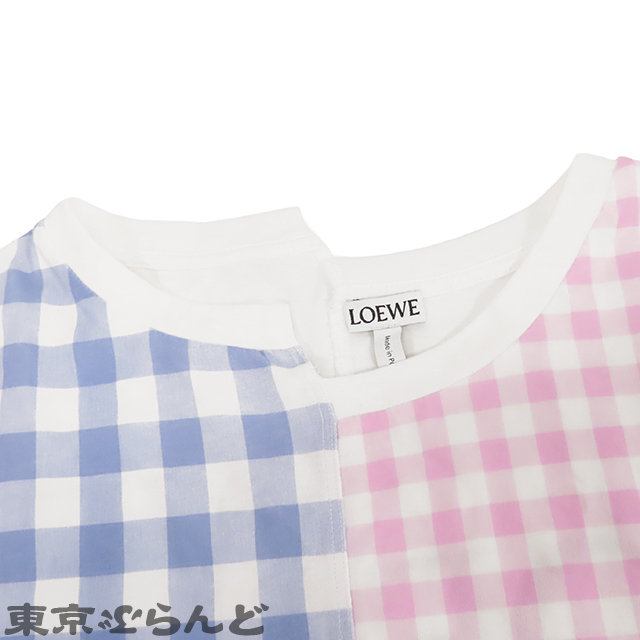 101800421 ロエベ LOEWE ギンガムチェック ロゴ アシンメトリー Tシャツ ホワイトxブルーxピンク コットン 半袖 XS トップス レディース_画像2