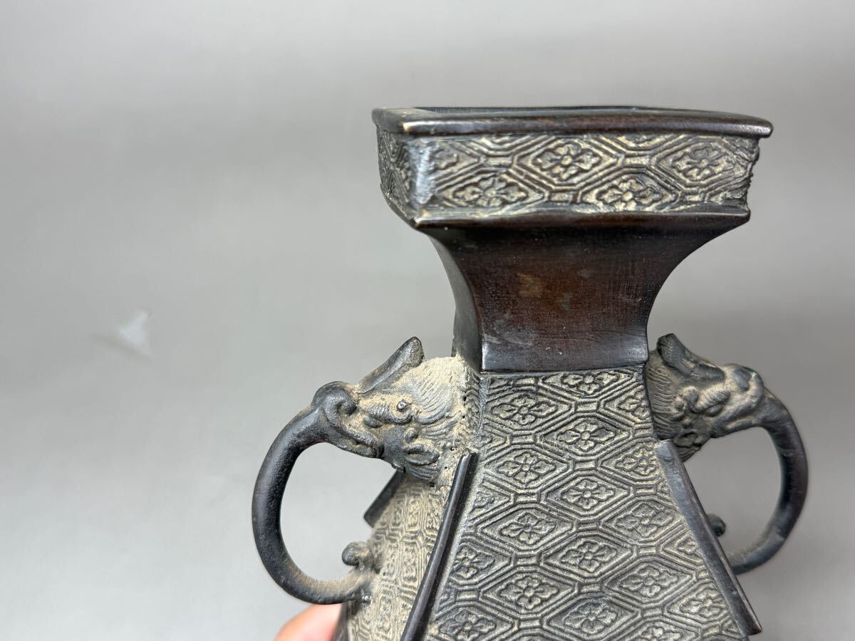 古銅 花器 時代物(K-A399) Z 明時代獣耳銅製花瓶 花器 花入 花瓶 銅器 唐物 古銅 木箱 旧家