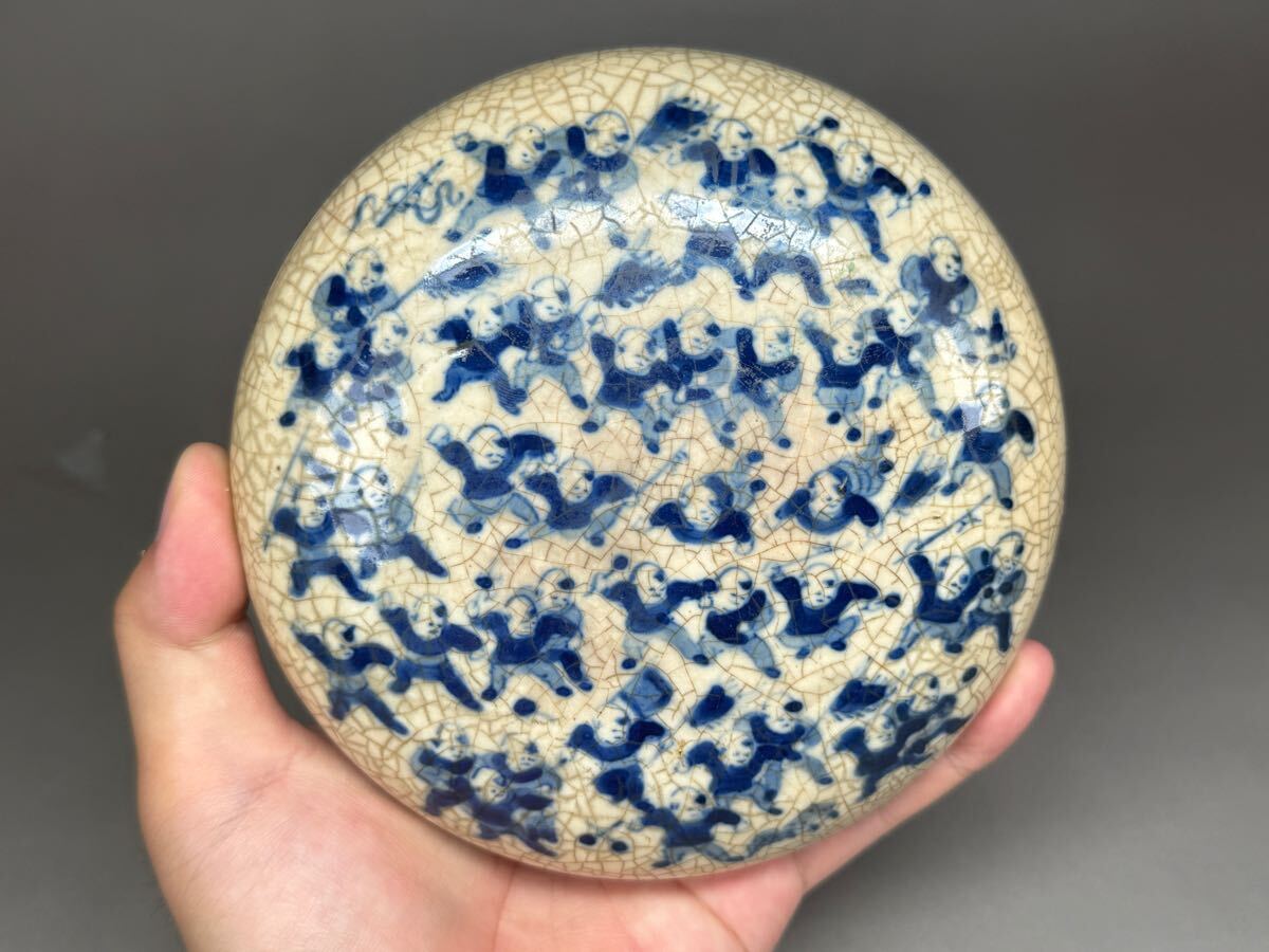 中国 香合 清朝時代 青華 ZJ 清時代染付香合 五十五童子 大清康熙年製 青花 陶磁器 蓋物