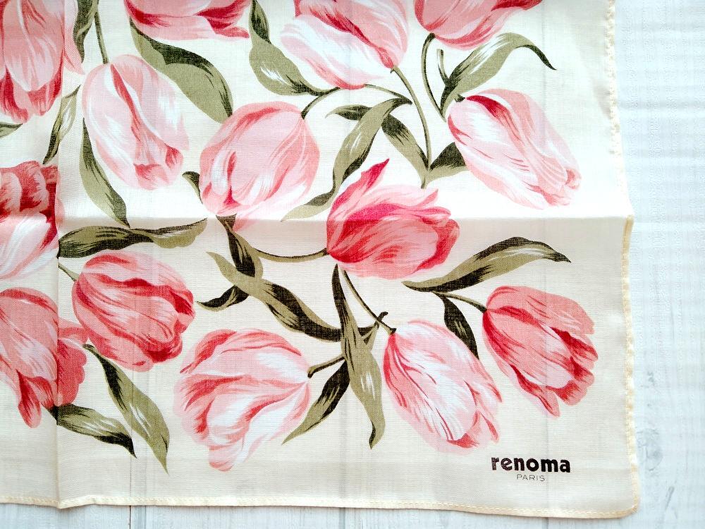 新品★即決★renoma レノマ ハンカチ チューリップ 花柄 レディース 女性 綿１００％ ブランド クリームｘピンク _画像1