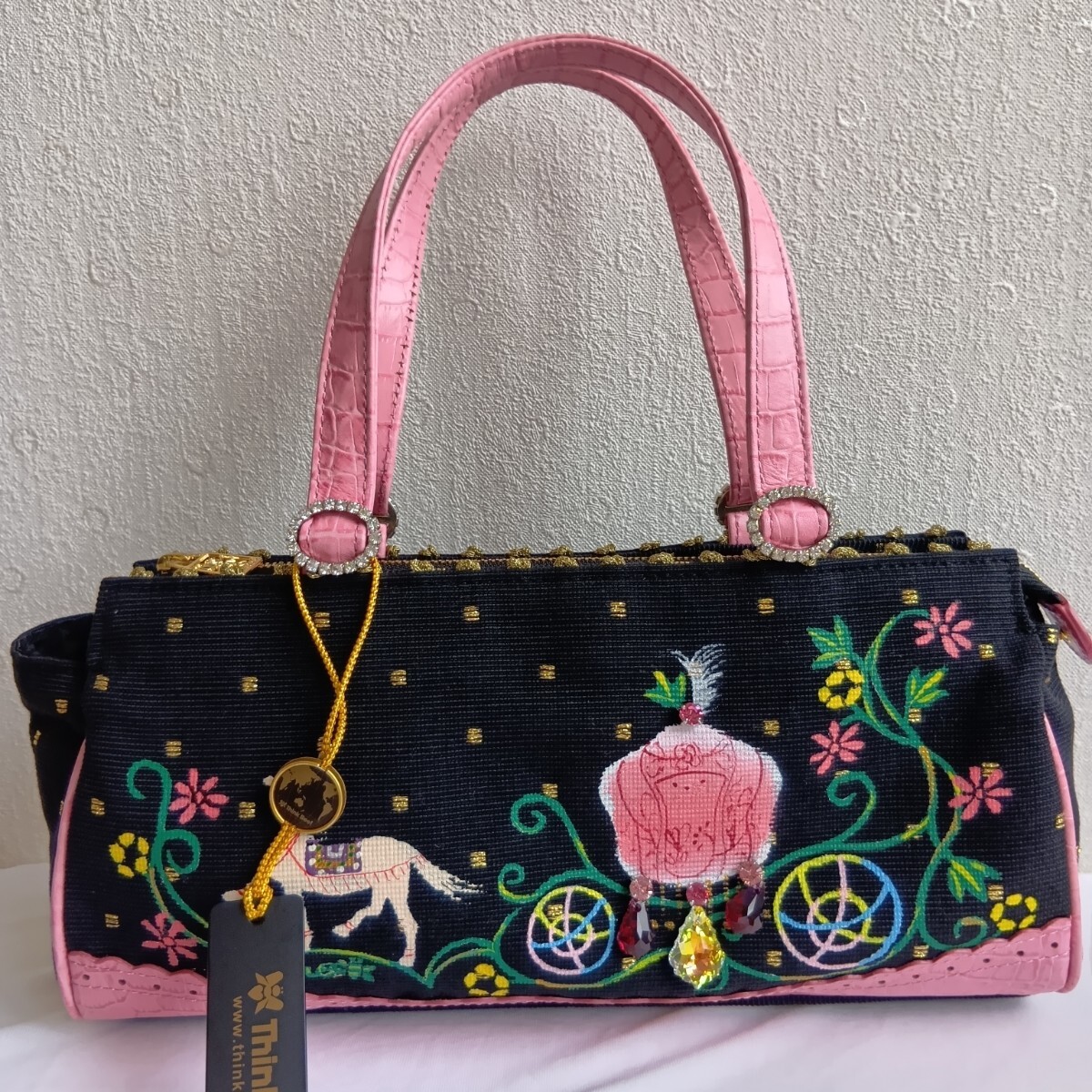 Think Bee! シンクビー シンデレラドリーム ハンドバッグ 花 馬 ビジュー ペイント ブラック ピンク