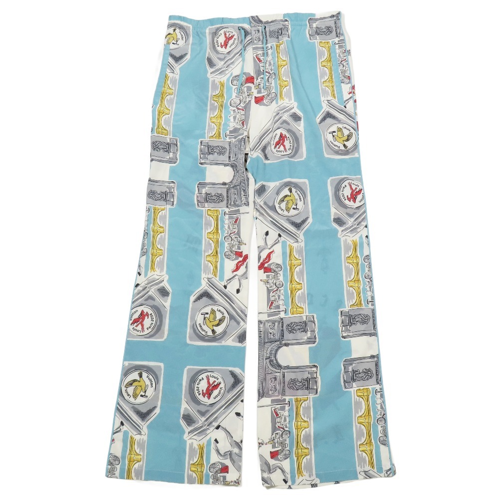 未使用 19AW Louis Vuitton ルイヴィトン シルク パジャマ イージーパンツ ロゴ 総柄 プリント 42 ターコイズ 水色