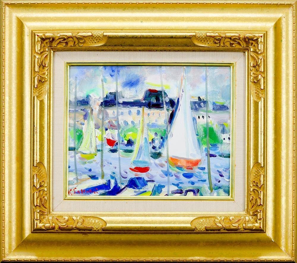 櫻井慶治「伊豆 真鶴港 入船」 油彩 F8 額装 日展会員 油絵 油画 絵画 F 櫻井慶治「伊豆 真鶴港 入船」 油彩 F8 額装 日展会員 油絵 油画
