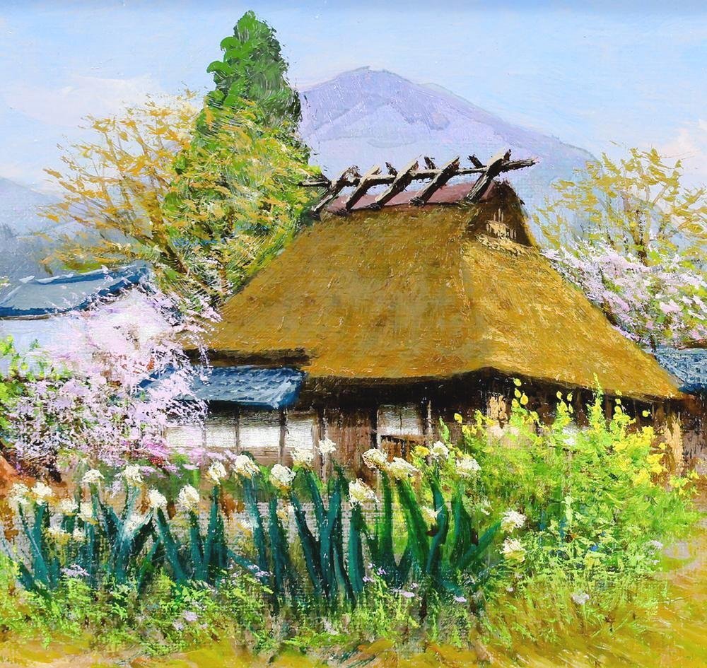 「真作」細川進『杏の里』 風景画 F4 号油絵 絵画 油彩画 額装 サイン有り 真作」細川進『杏の里』 風景画 F4 号油絵 絵画 油彩画 額装