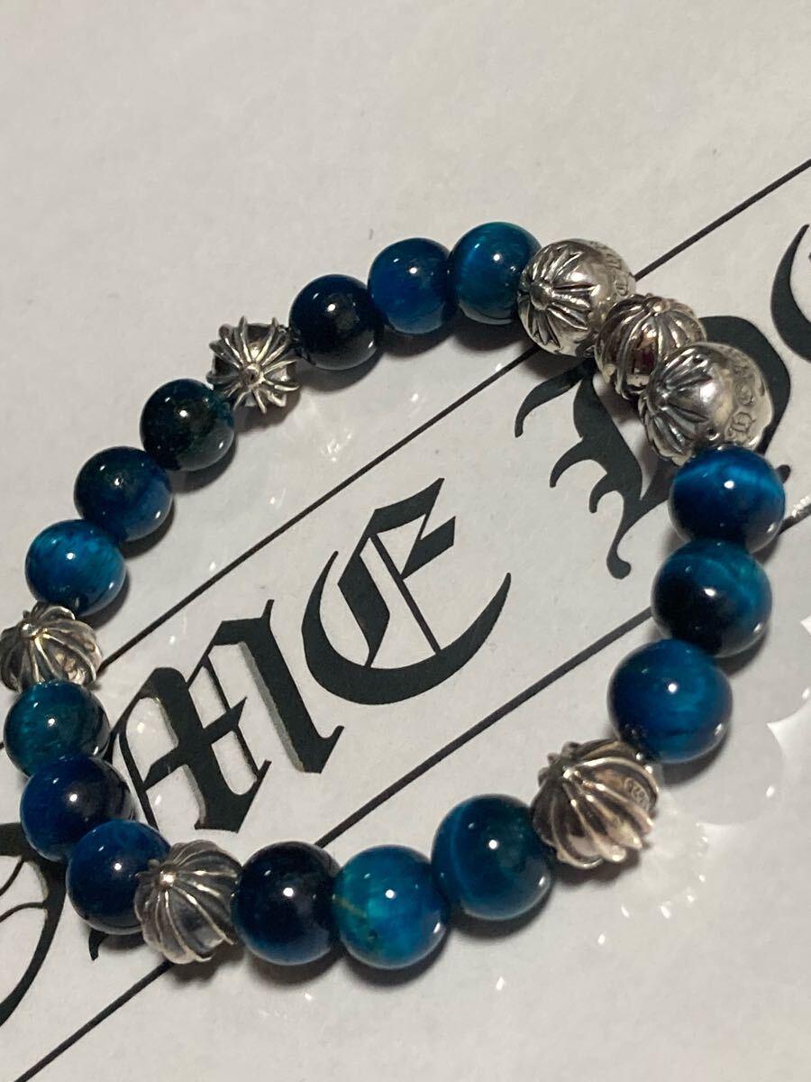 クロムハーツ ビーズ ブレスレットシルバー925 天然ブルータイガーアイ 数珠 CHROME HEARTS☆数珠☆ビーズブレスレット☆シルバー925☆ブルー